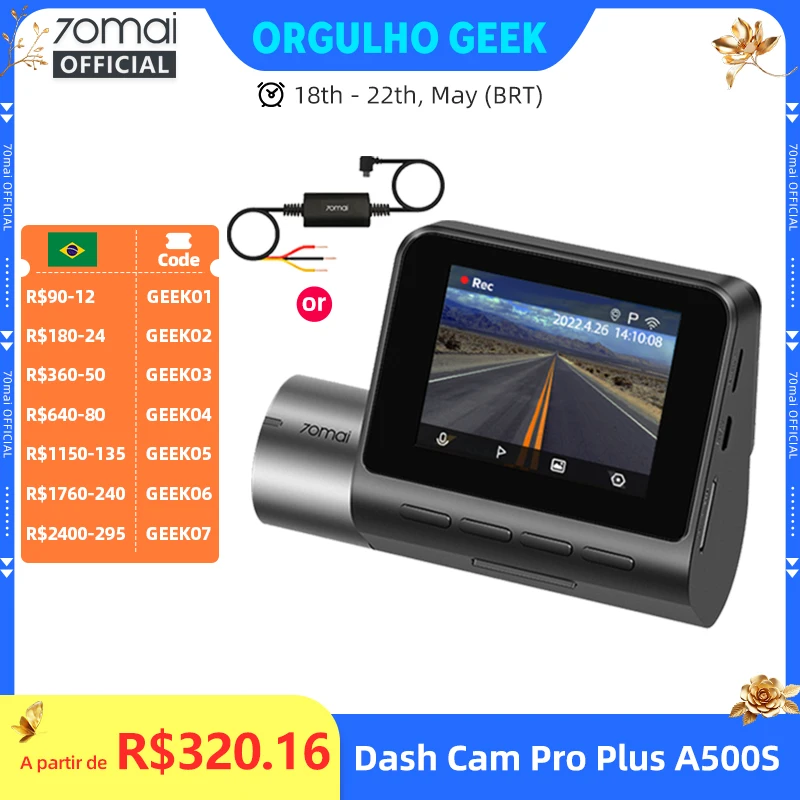 70mai a500s gravador carro dvr câmera frontal a500s 1944p visão noturna 70mai dash cam pro plus embutido gps wifi suporte câmera traseira