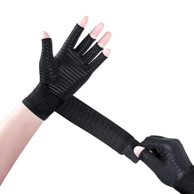 Copper Fiber Half Finger Compression Gloves, Men Lace Up Non-slip Gloves for Fitness Cycling Outdoor Joint Protection