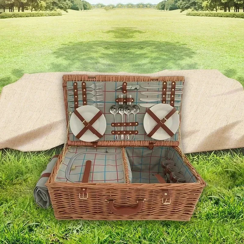 Willow Picnic Basket 4 Person Outdoor Wicker Hamper Set Plates Cutlery view 6
