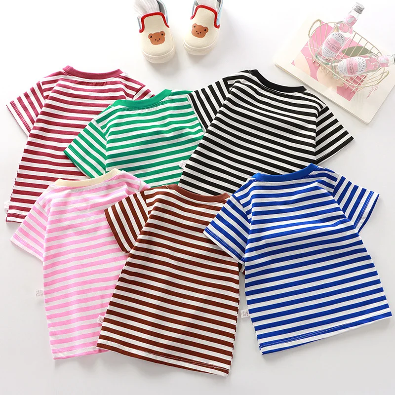 

Striped Cute Baby Short Sleeved T-shirt Children Clothes Tops Boy's Sweatshirt Kids O-neck Pullover Blouse 1 2 3 4 5 6 7 8 years