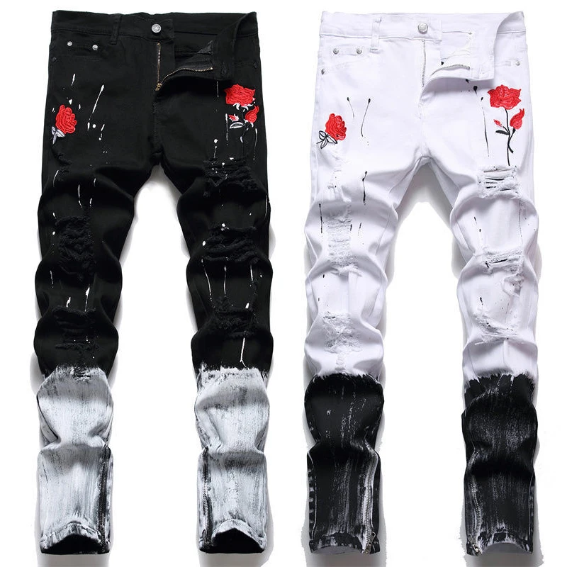 Light Luxury Men’s Street Fashion Printed Jeans,Slim-fit Korea Version High Quality Denim Pants,Trendy Casual Jeans Pants;