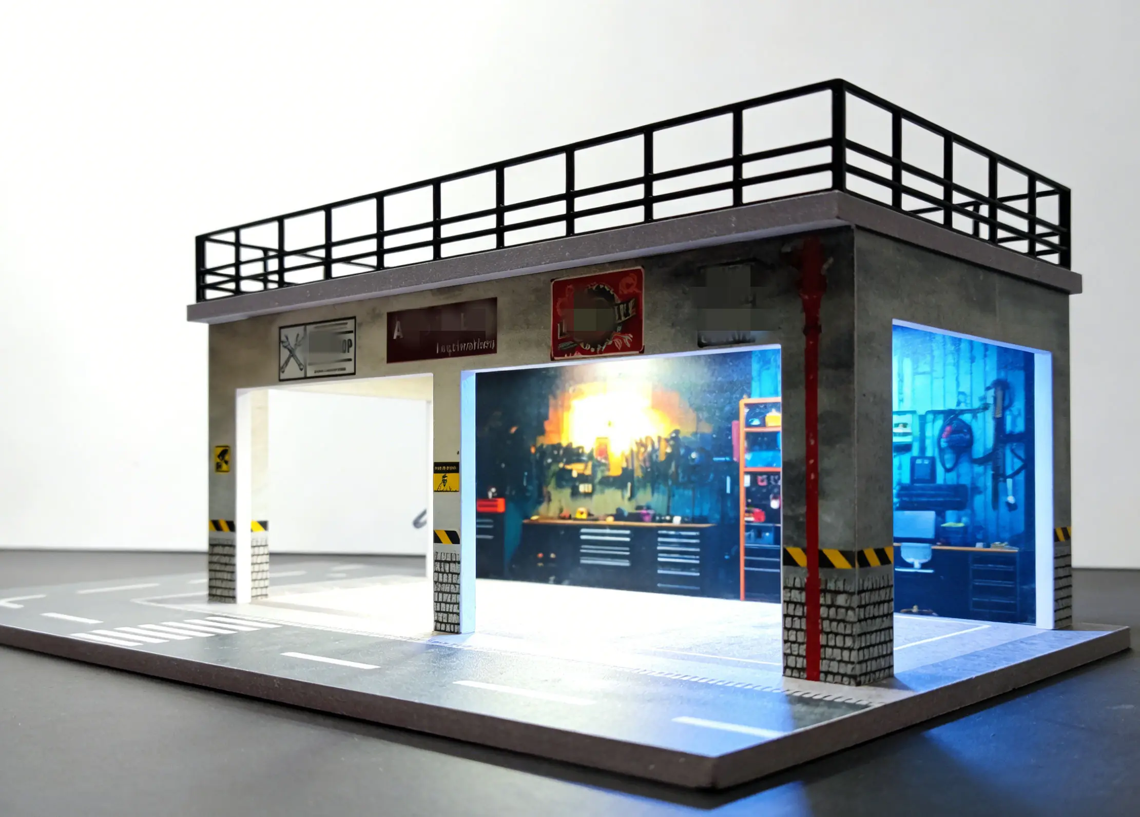 

1/64 Scale Diecast Rooftop Auto Repair Shop Model Car Display Scene Collectible Garage Diorama for Vehicle Collectors