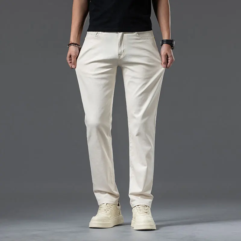 2024 springtime new style High-end solid color men's straight-leg white jeans Men's Jeans Straight Leg Stretch Khaki Jeans