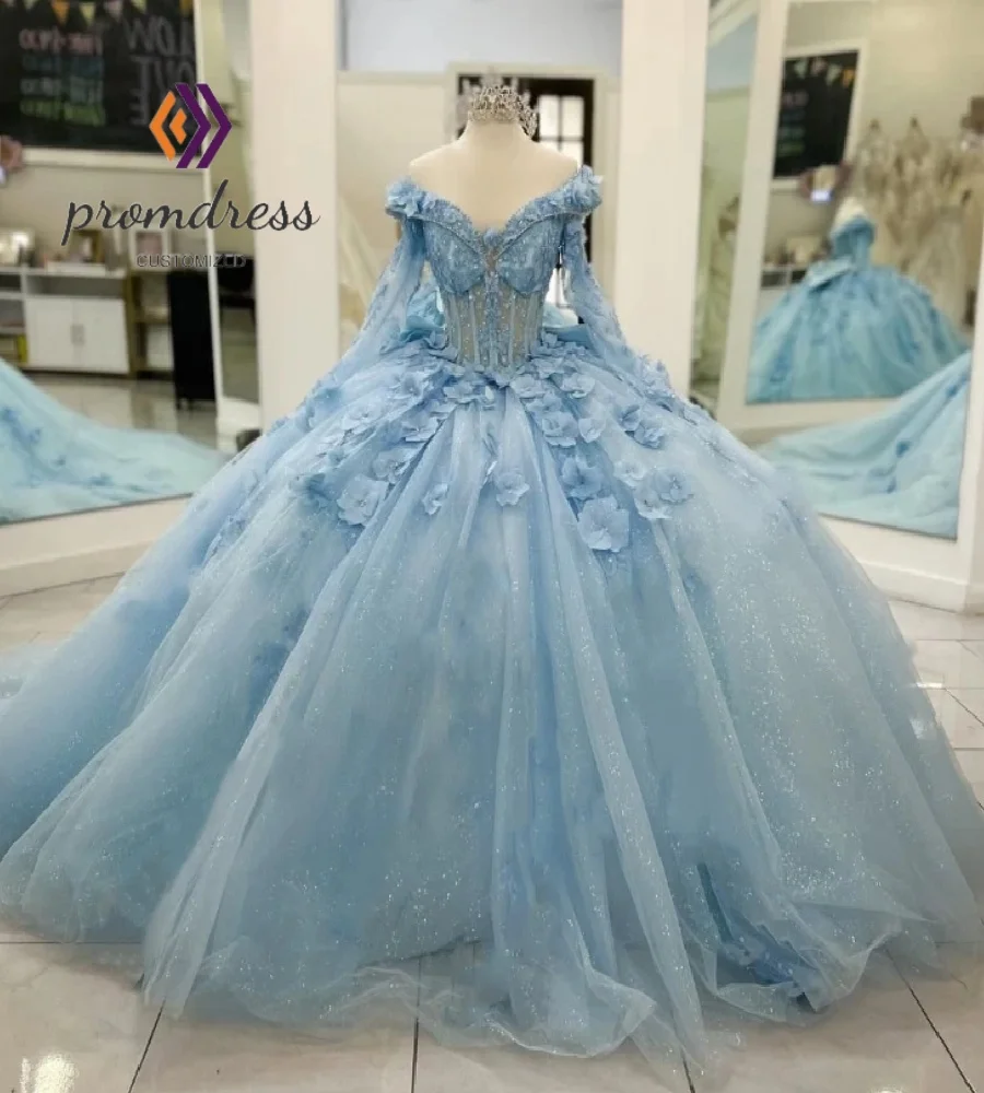 Elegancka Jasnoniebieska Sukienka Quinceanera 2025 z Kwiatami Odkryte Ramiona Długi Rękaw Vestio De 15 Años 2025 Suknia Wieczorowa Szyta na Miarę