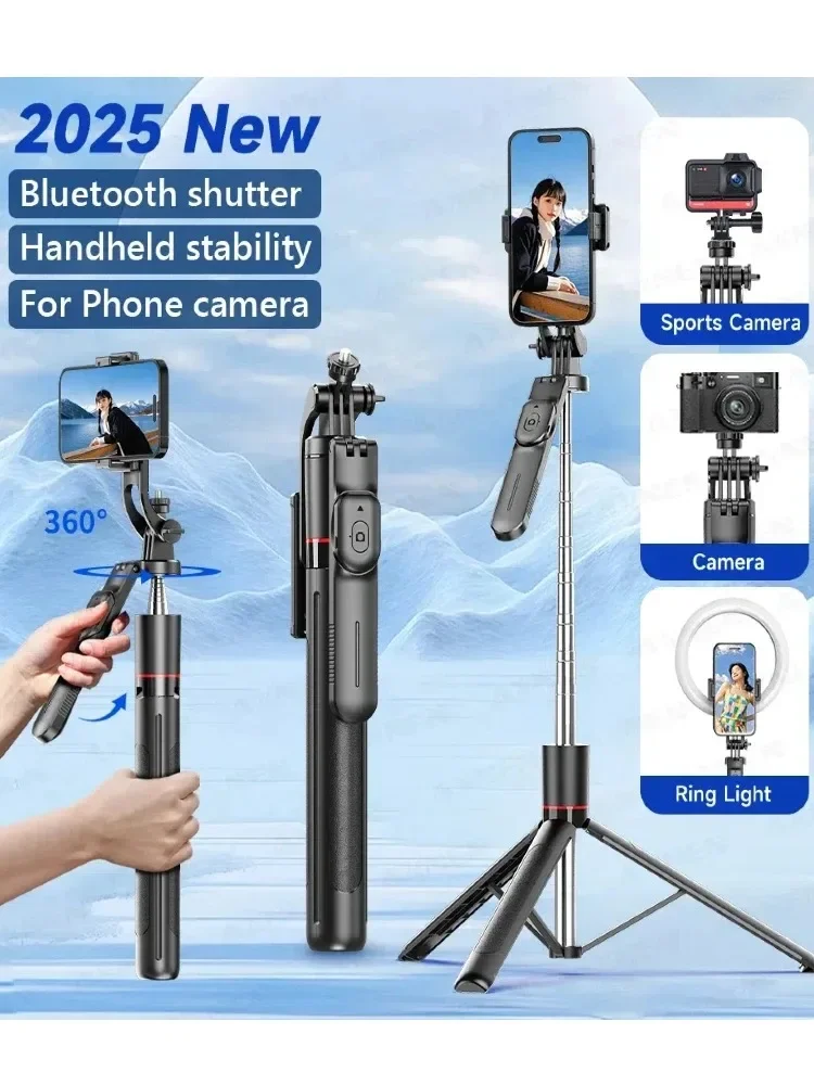 F16 Selfie Stick Tripod with 1708mm Long 8-Section Pole, Bluetooth Remote, 360° Rotation, 1/4 Interface, for Phone Camera Vlog