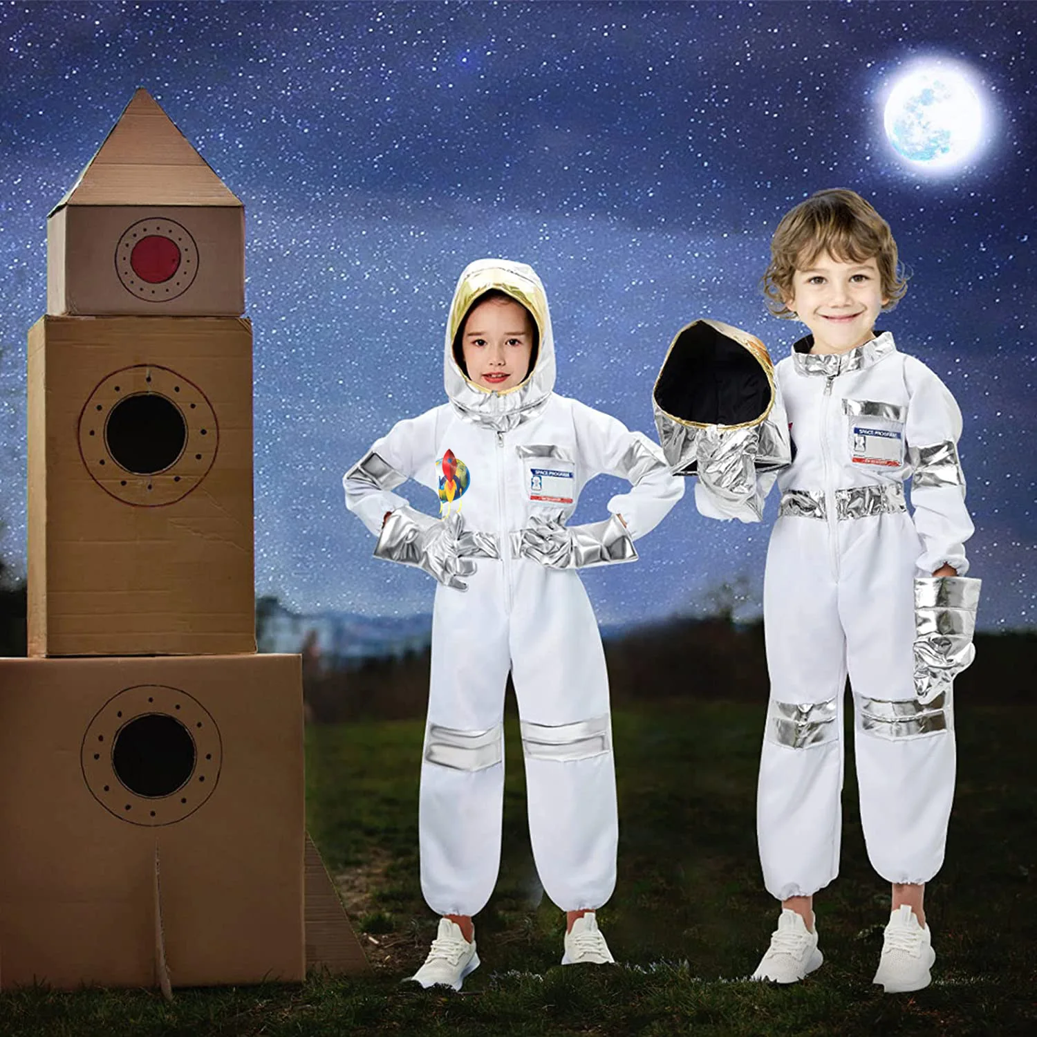 Boys girl US Astronaut cospaly Costume Deluxe Print Cartoon White Space Suit Bodysuit Halloween Role Play Adventure for boys