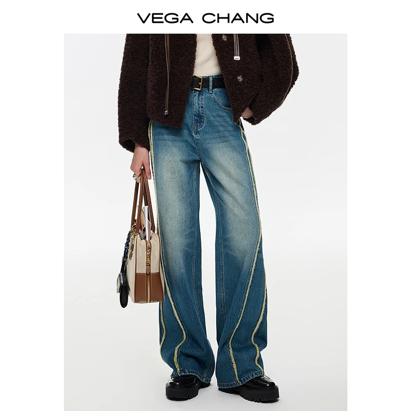 

Vega Chang New Winter Women's Denim Wide-Leg Pants Retro Straight-Leg Trousers [Belt Not Included]
