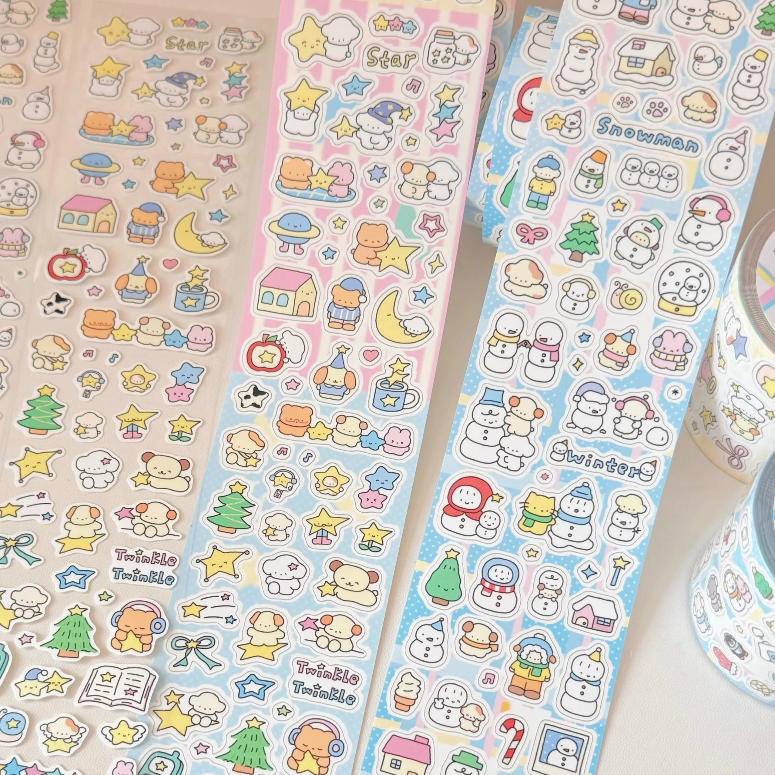 

Three Hearts Cute Stars Winter Snowman Paper Frosted Die Cut Sticker Roll Journal Collage