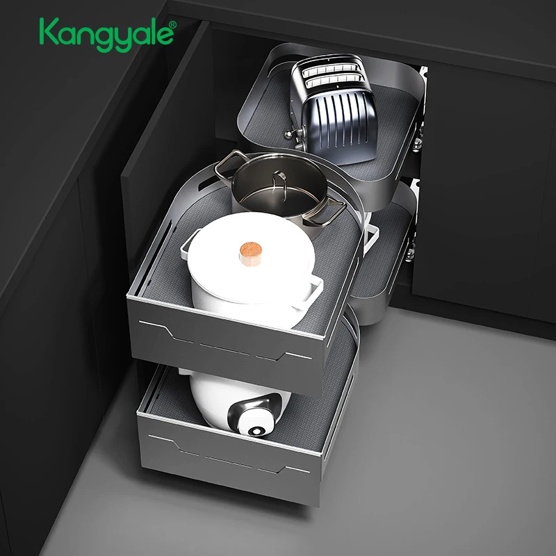 Выдвижной органайзер для кухонных шкафов Kangyale: универсальная корзина-уголок Magic Corner для хранения на кухне