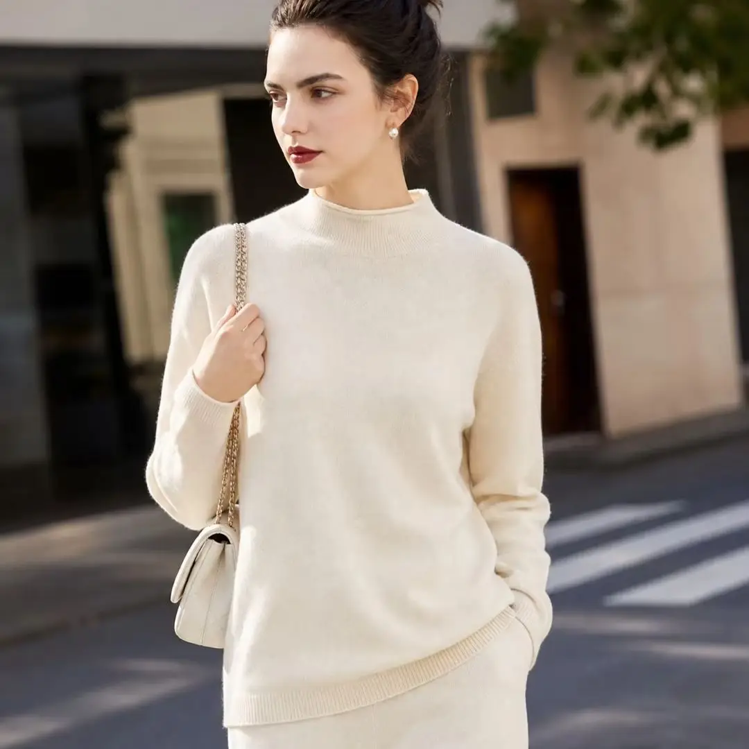 Women's 100% Cashmere Pullover Casual Knitted Sweater Curling Mock Neck Jumper Winter Warm Blouse Loose Tops Long Sleeve Base