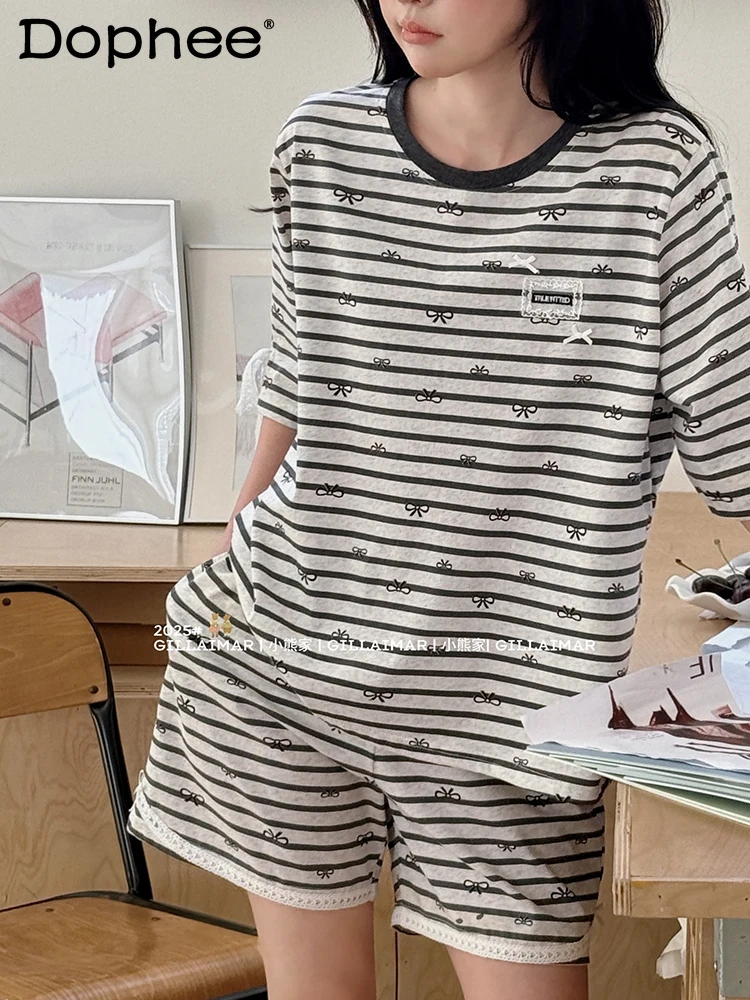 

Japanese ins Summer pajamas women's crew neck striped bow short-sleeved shorts set casual loose outdoor loungewear