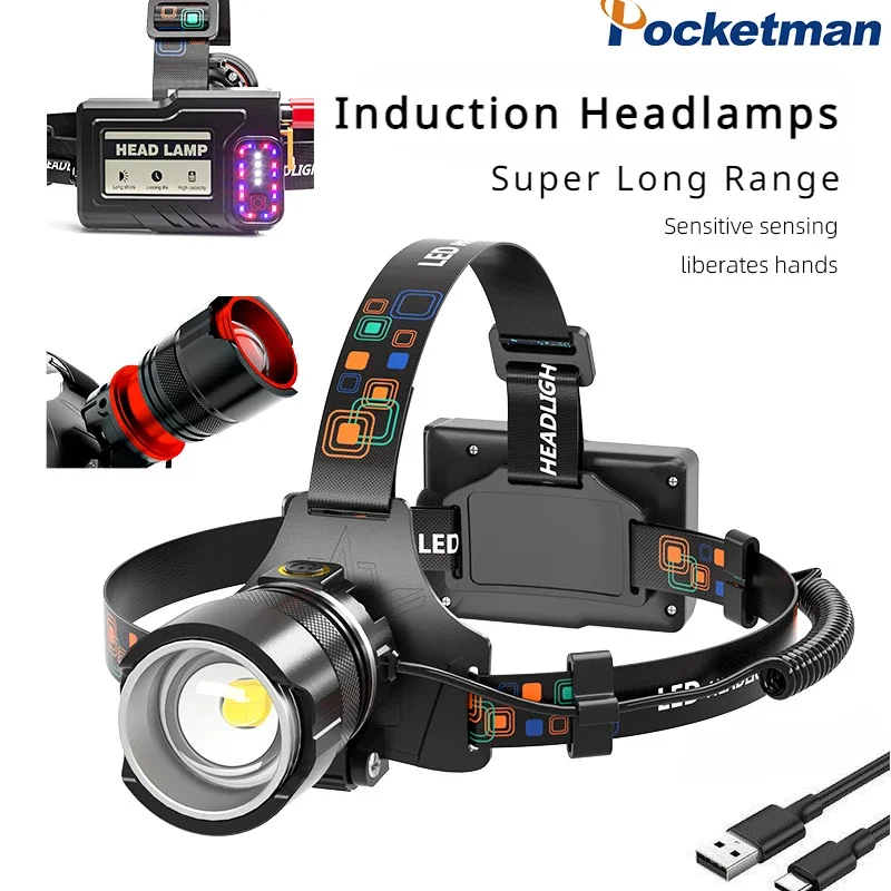 

Induction Flood Headlamp Telescopic Zoom Rechargeable White Laser Flashlight Head Lamp Outdoor Lighting Fishing Headlight