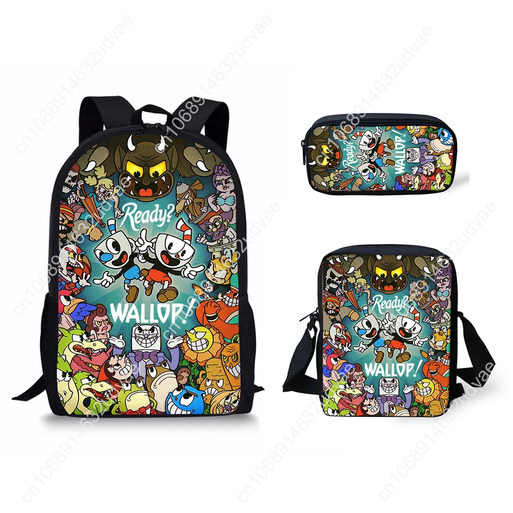 Classic Youthful Cuphead Pattern 3D Print 3pcs/Set Student Travel bags Laptop Daypack Backpack Shoulder Bag Pencil Case