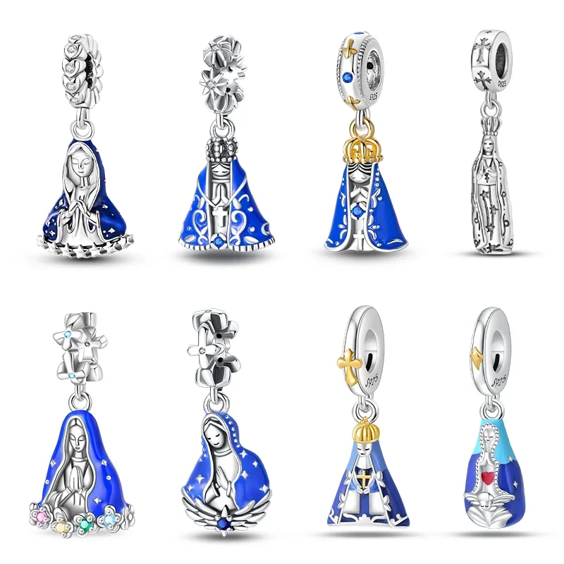 

New Silver S925 Original Our Lady The Virgin Charm Beads Fit Bracelet 925 Silver Blue Series Pendant Bead Fine Jewelry for Women