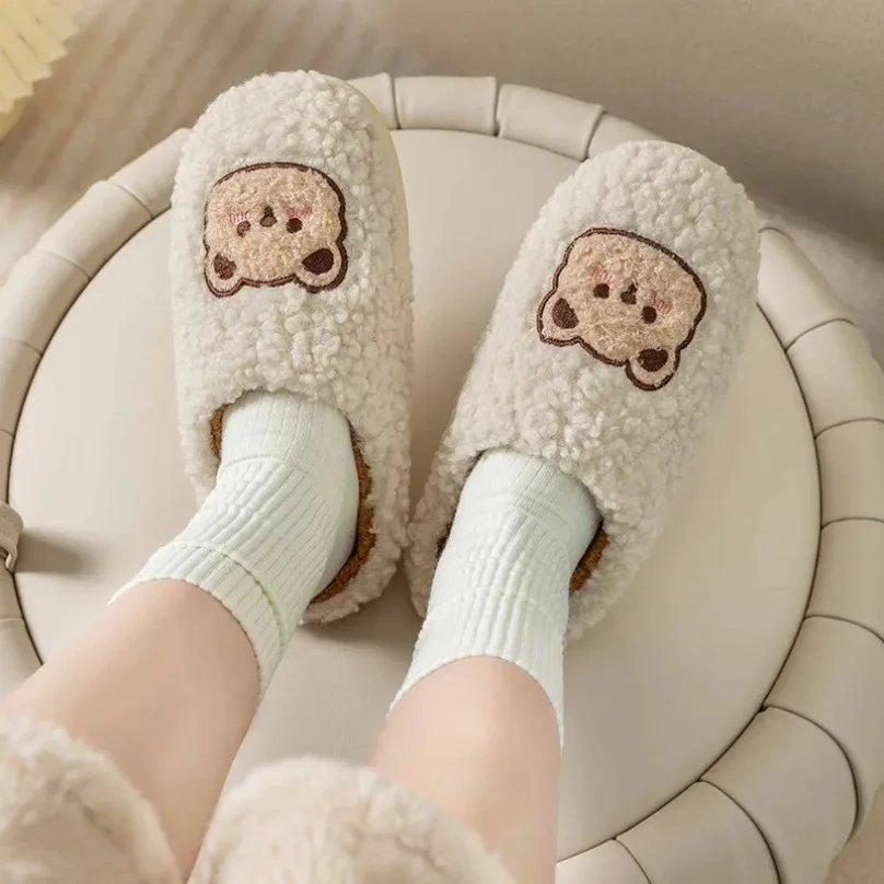 House Slipper Womens Teddy Bear flip flops Winter Warm Cartoon Kawaii Plush Indoor Home Shoes Flat Funny Fuzzy Female slides