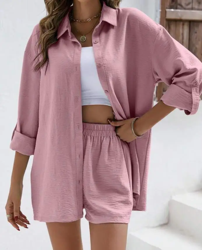 2 Piece Set Women Outfit 2023 Summer Fashion Roll Up Sleeve 2023 Summer Fashion Long Sleeve Shirt & Casual High Waist Shorts Set