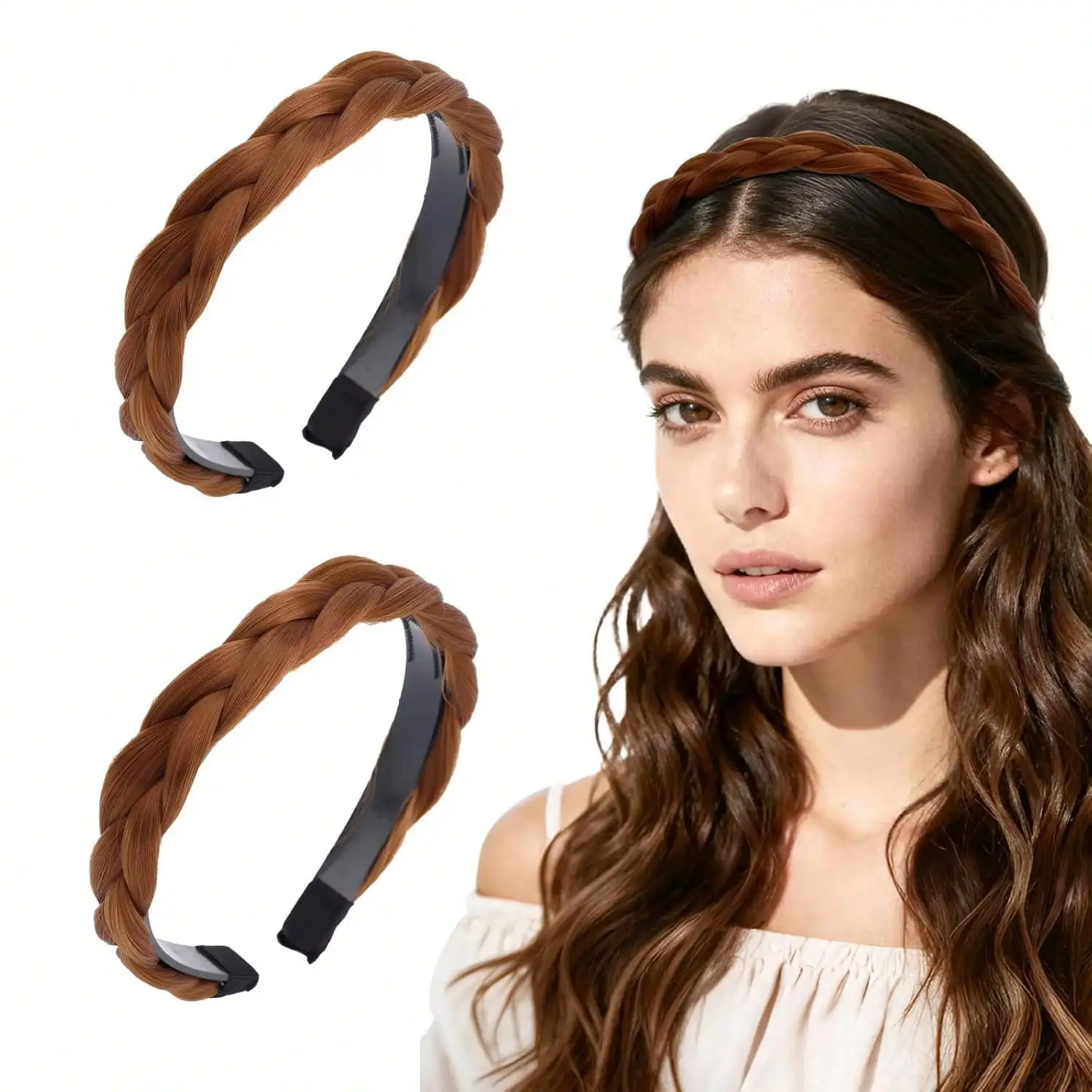 2pcs Braided Headbands With Anti-Slip Teeth, Handmade Wide Faux Braid Wig Hairbands Hair Piece Fashion Hair Band Accessories Women Wedding Party & Daily Wear
