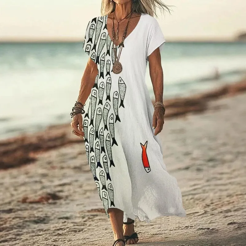 Cute Simple Lines Abstract Geometric Fish Art Print V-neck Dress 3D Printed Casual V-neck Dress Female Dresses view 3