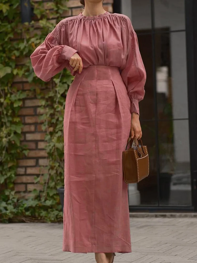 

Женский пуловер с круглым вырезом и длинными рукавами, топ и макси-юбка, комплект из двух предметов, простой элегантный однотонный наряд для весенней и осенней моды