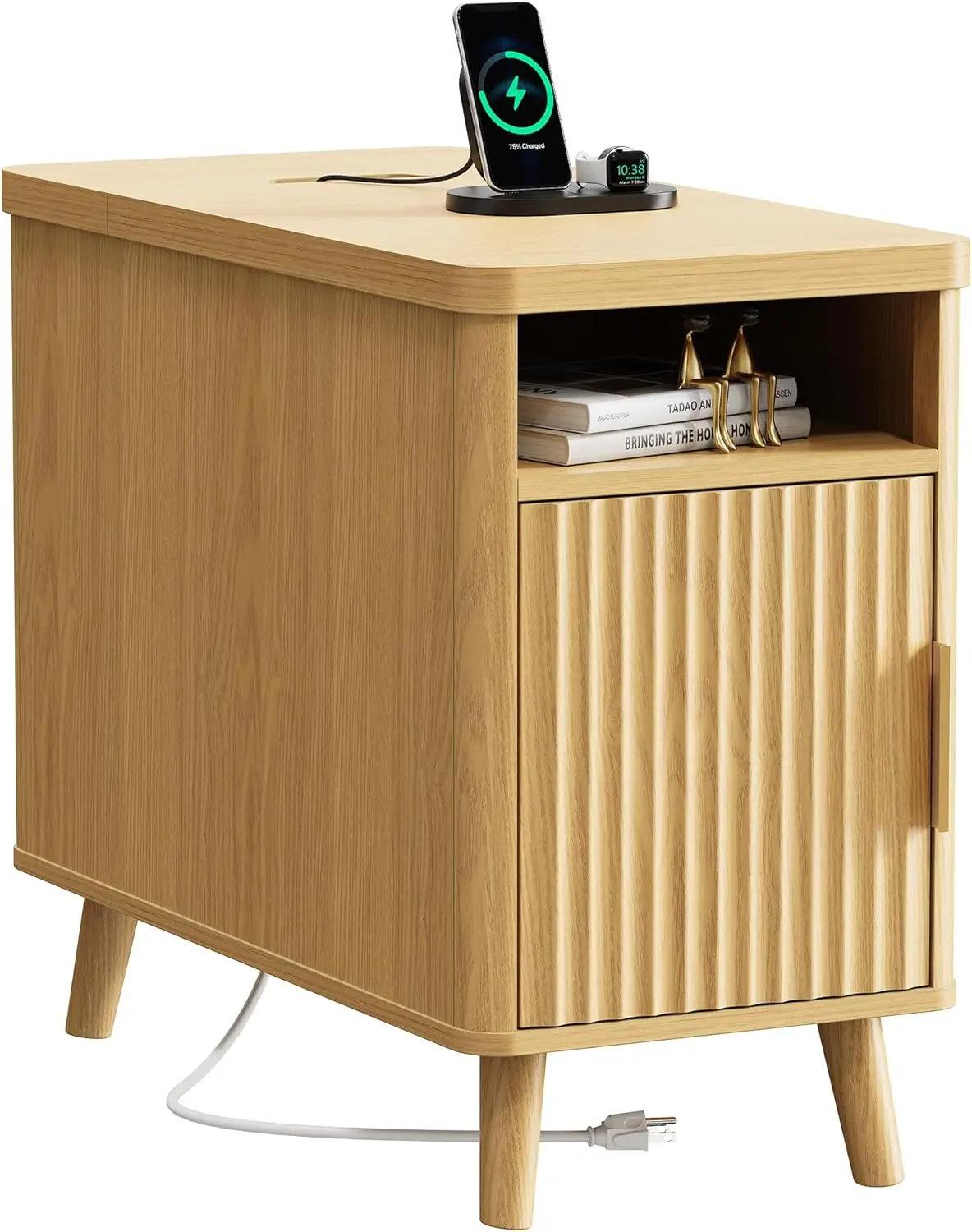

Narrow End Table with Charging Station, USB-C Port, Fluted Nightstand with Storage Cabinet, Back Rack for Small Spaces