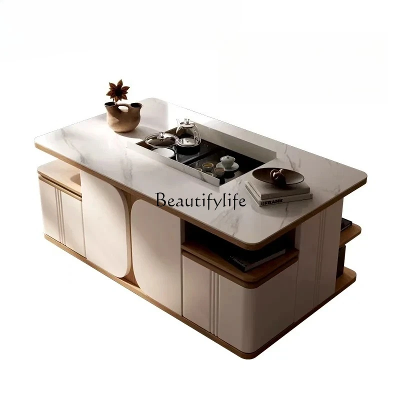 

Solid wood electric multi-functional lifting coffee table tea making integrated intelligent rock slab kung fu tea table