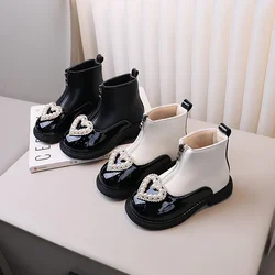 Girls Short Boots with Front Zipper Kids Leather Boots with Sweet Heart 2024 New Fashion Children Ankle Boot Elegant Temperament