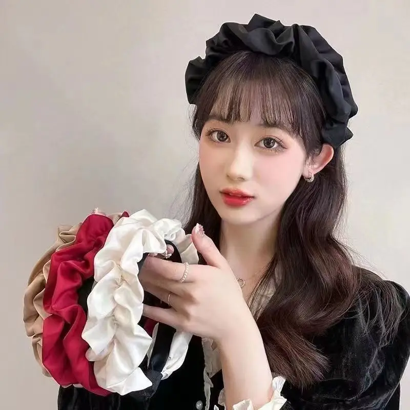 New 2023 Korean Big Wide Ruffles Satin Bezel Black Coffee Neutral Solid Color Hairbands for Women Girls Hair Accessories