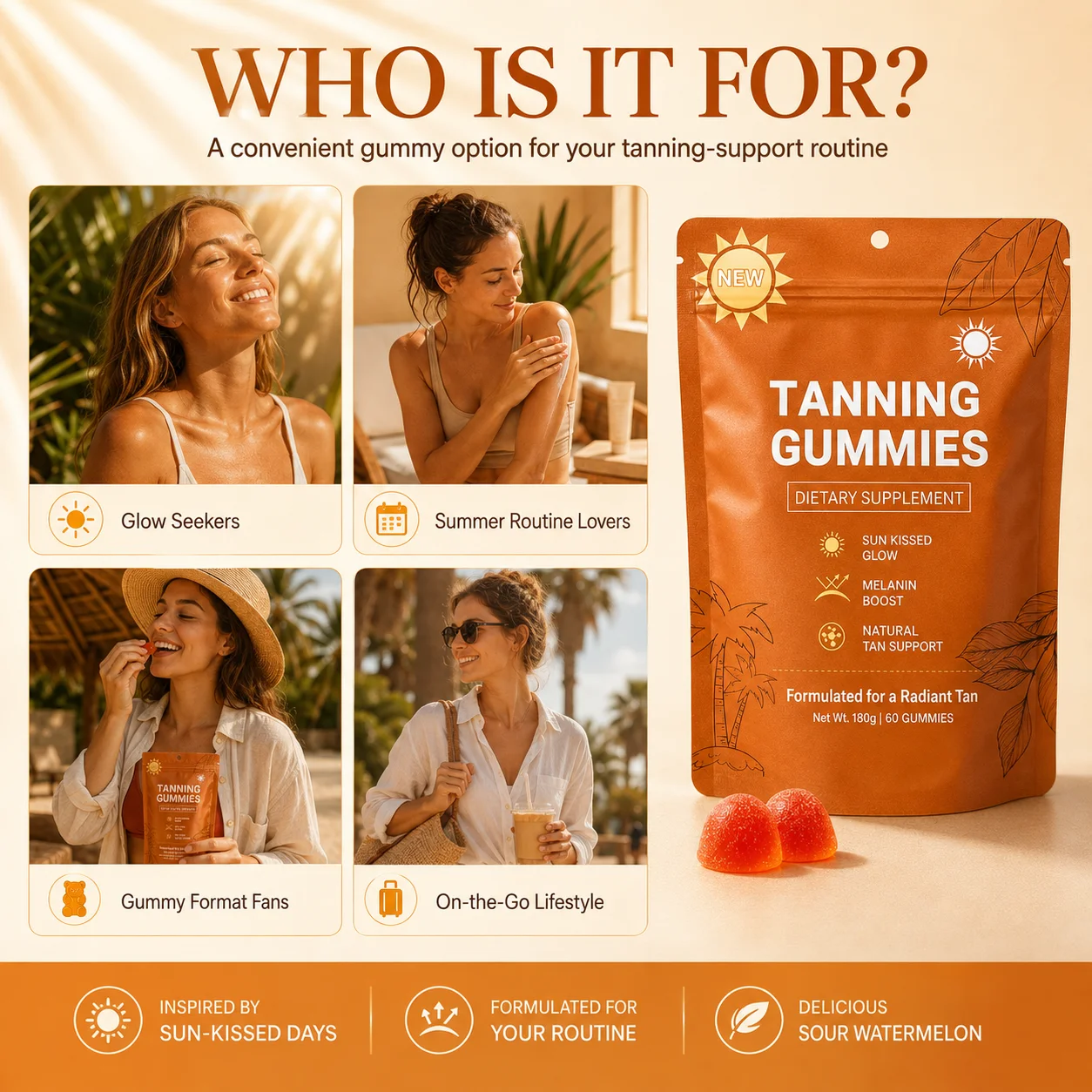 Tanning Gummies for Women, Sunless Bronzing Glow Support, Vegan Sugar-Free, Non-GMO, Astaxanthin & Lycopene, 60 Count