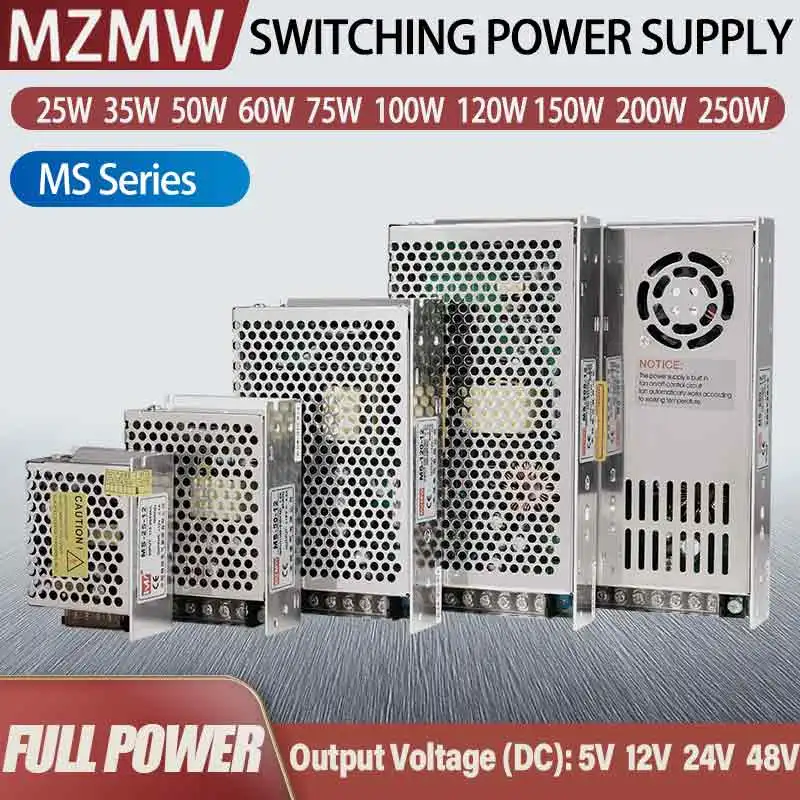 MZMW MS Series Switching Power Supply 25W 35W 50W 60W 75W 100W 120W 150W 200W 250W 110/220V AC TO DC 5V 12V 24V 48V Transformer