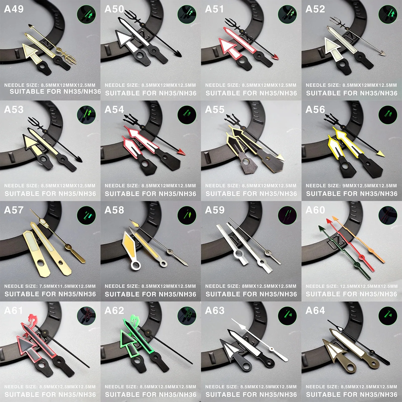 

Multiple styles of NH35 type ultra-bright green luminous watch hands are suitable for NH35, NH36, and 4R36 movements.