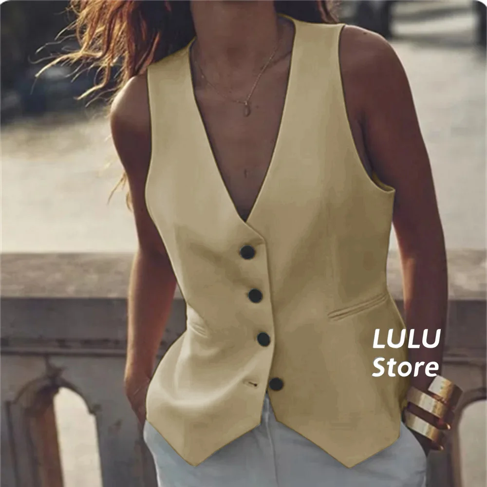 Women's Vest White V-Neck Sleeveless Single Breasted High Quality Gilet Minimal Style Button Female Pretty Waistcoat chaleco