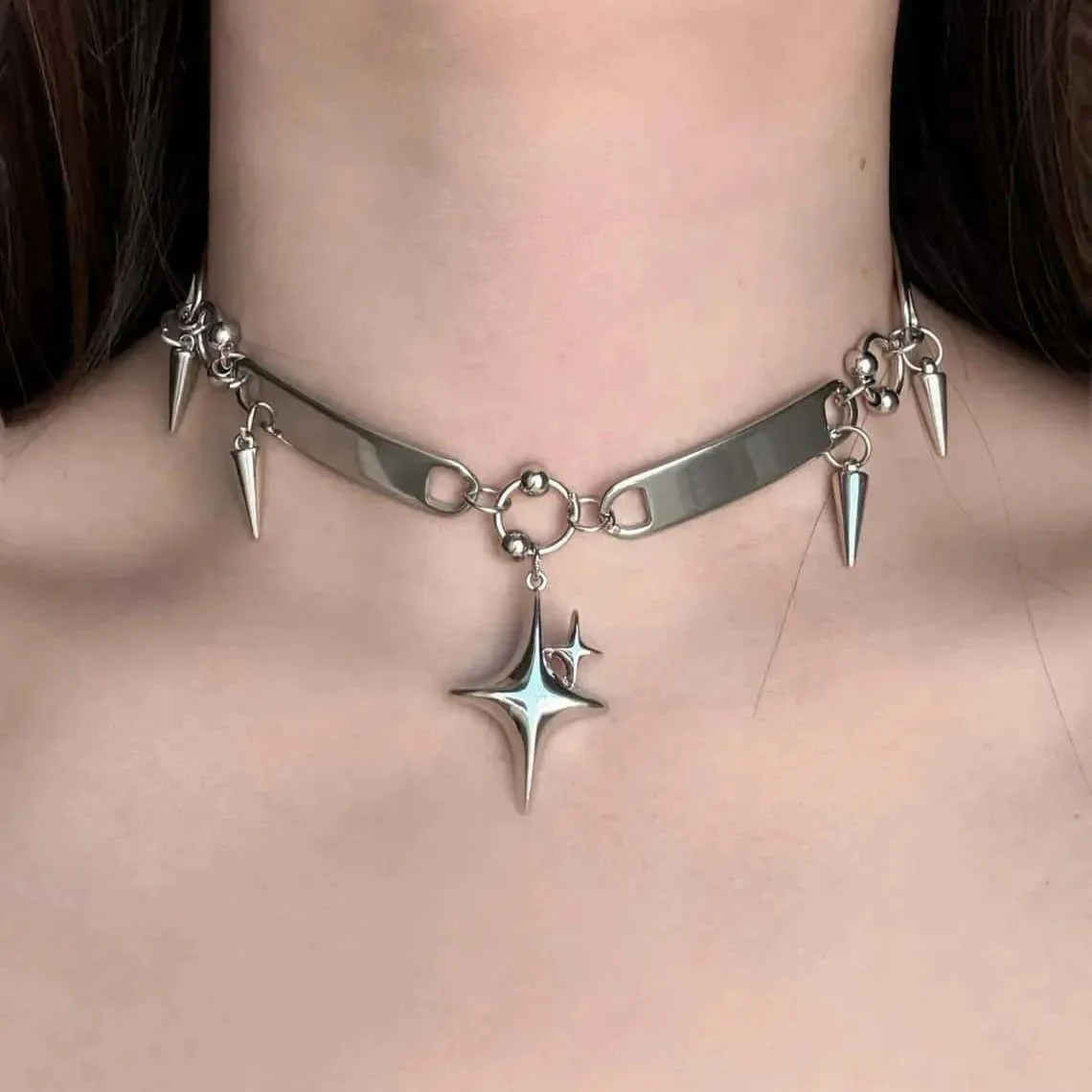 Stainless Steel Punk Star Riveted Choker,Rock Jewelry,Hippie,Goth,Design Sense,Spike,Cross Star,Nose Charm,Necklace for Women