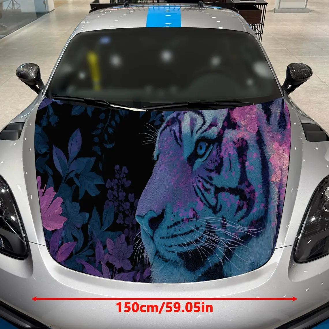 Car Decals A Tiger Design with Floral Elements in a Vibrant, Color-Blended Textured Background with Artistic, Whimsical Visual D