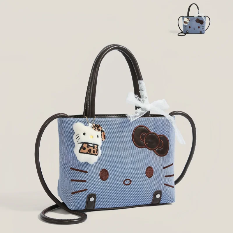 

Sanrio Hello Kitty Denim Tote Handbag Cute Casual Versatile Crossbody Shoulder Handbag With Lace Bow Daily Use