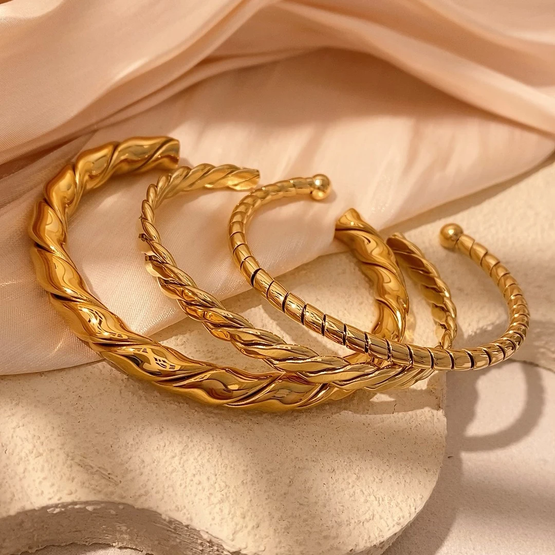 CARLIDANA New Arrival Gold Plated Stainless Steel Beads Fashion Jewelry Wheat Cuff Bangle for Women Waterproof Tarnish Free