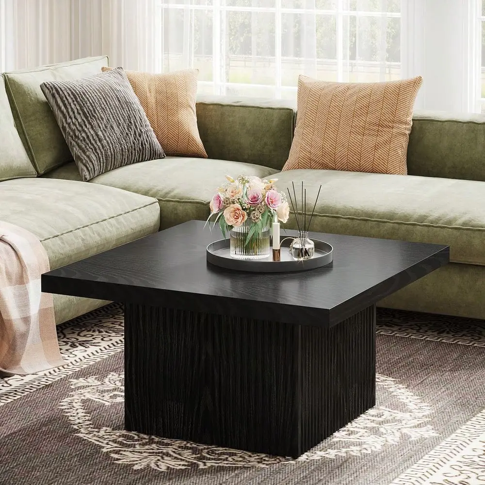 Square Coffee Table, 31.5Inch Fluted Coffee Table, MidCentury Modern Living Room Table, Large Cocktail Table For Living Room, E
