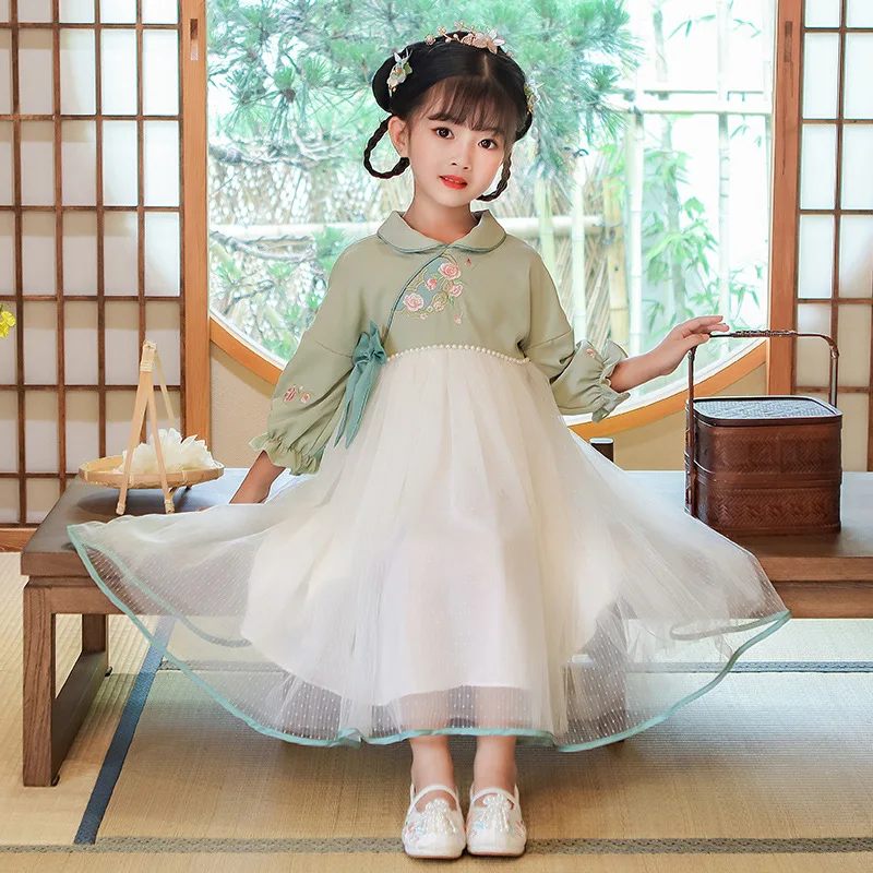 

Spring Autunm New Girls Chiffon Chinese Lovely Ancient Hanfu Children Embroidery Tang Suit Kids Traditional Perform Costumes