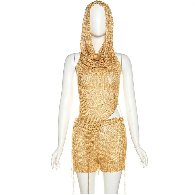 Sexy Hot Women 2 Piece Shiny Sequin Gold Hooded Tops Shorts Sets Hollow out Knitted Top High Waist Slim Shorts Two Piece Outfits