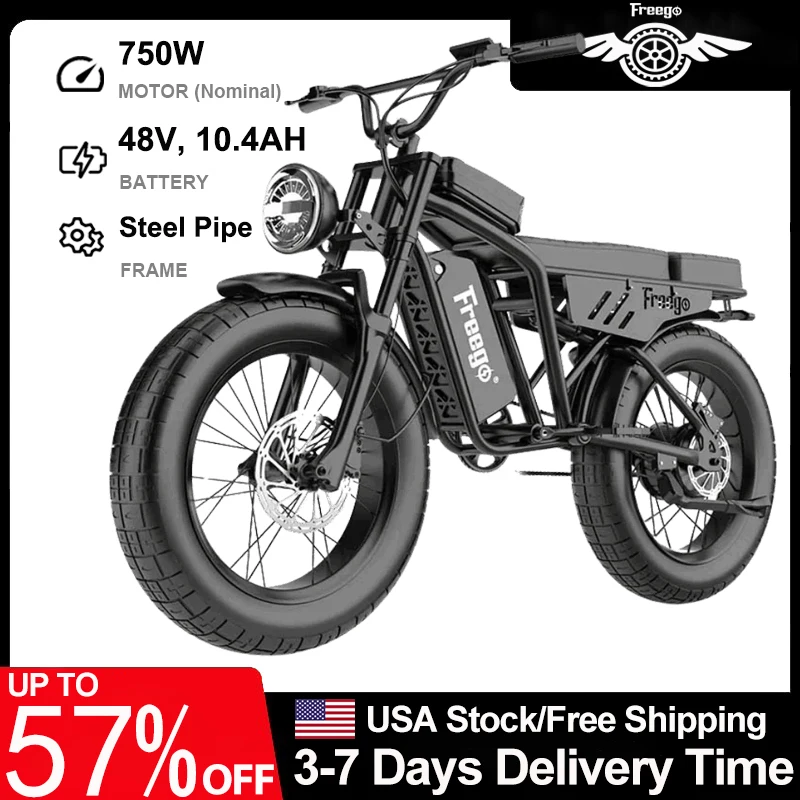 New FREEGO F0 Electric Bike for Adults 20 Inch Fat Tire Off Road E-bicycle 48V 10.4AH Battery Powerful Mountain Electric Bicycle