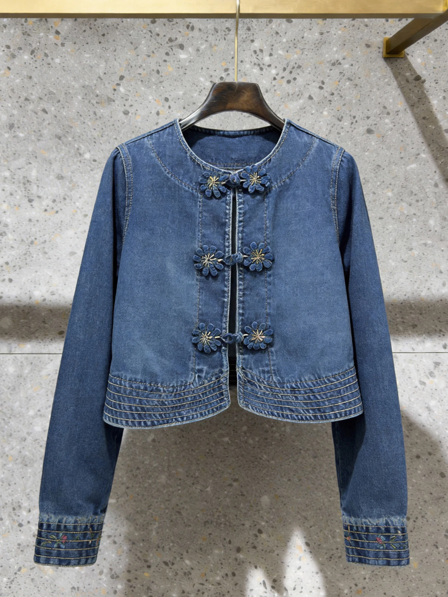 

New Chinese Style Embroidered Button up Women's Denim Shirt Spring Summer Top Standard Fit Commute Style Floral Detail