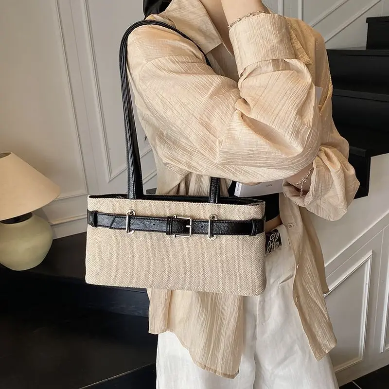 

Retro Patchwork Handbag Women Leather Belt Decoration Large Capacity Underarm Bag Ladies Elegant Minimalist Commute Shoulder Bag