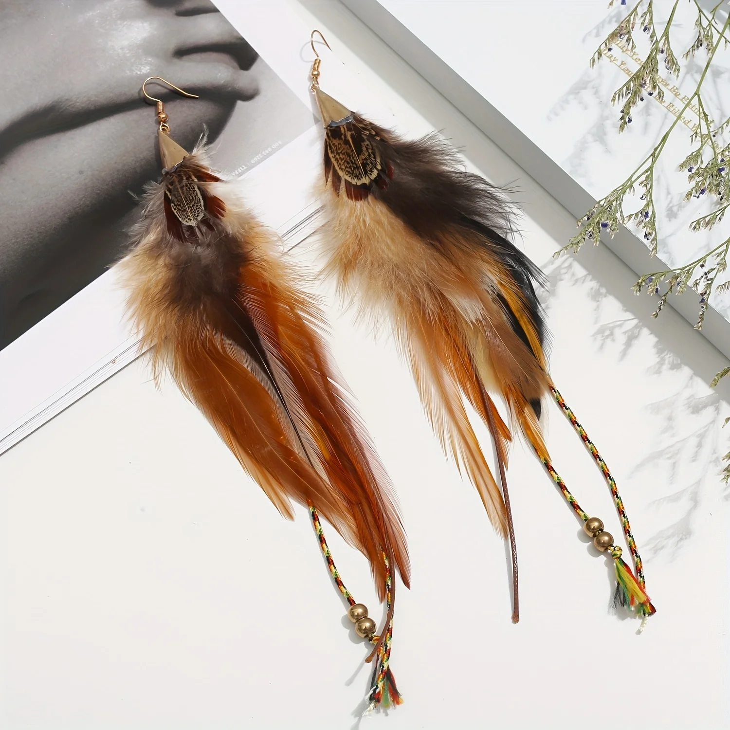 Natural Feather Earrings Bohemian Long for Women Handmade Feather Jewelry Tassel Dangle acrylic earrings Feather Earrings