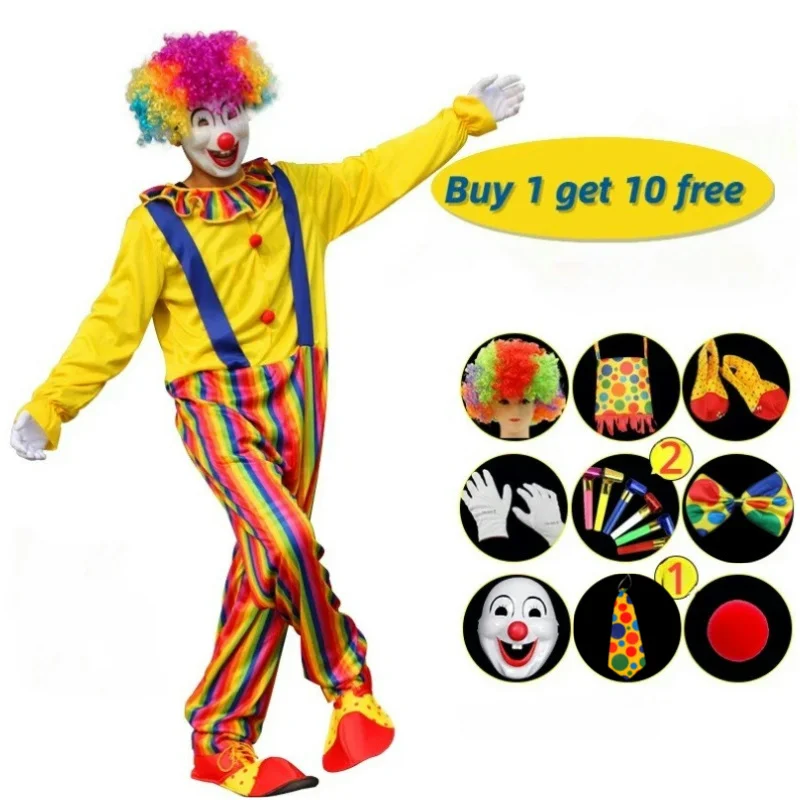 

11pcs Adult Clown Suit Costume Set including clothing, Wig, Nose, Mask, Clown Bag, Shoes, Circus Props for Fiesta Circus Party