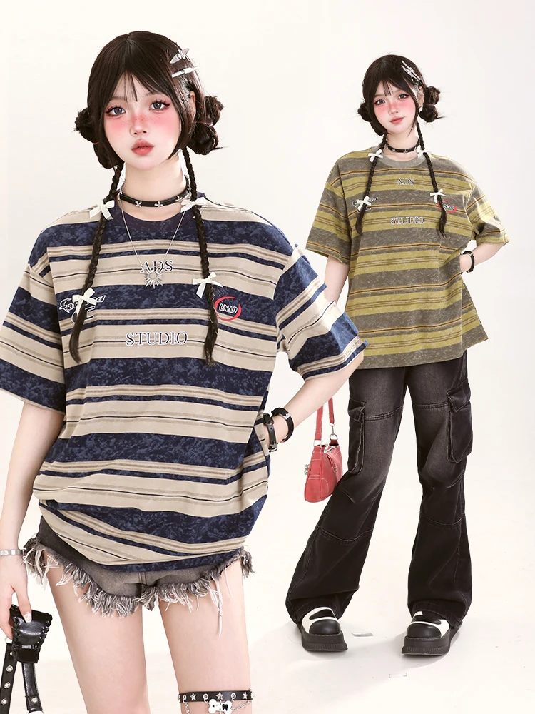 Retro American Tie Dye Striped round Neck Short Sleeve T Shirt Women Summer New Loose Half Sleeve Top Trendy Cotton Pure