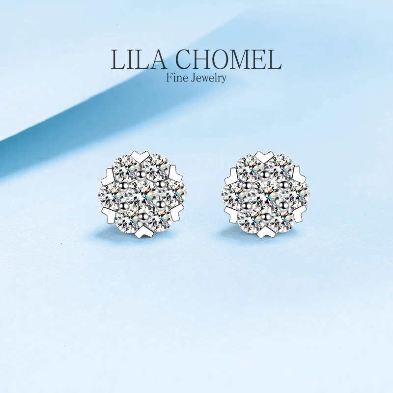 Full Moissanite Stud Earrings for Women 7 Stones GRA Sparkling Six-pronged Flower Wedding Jewelry platinum PT950 female Earring