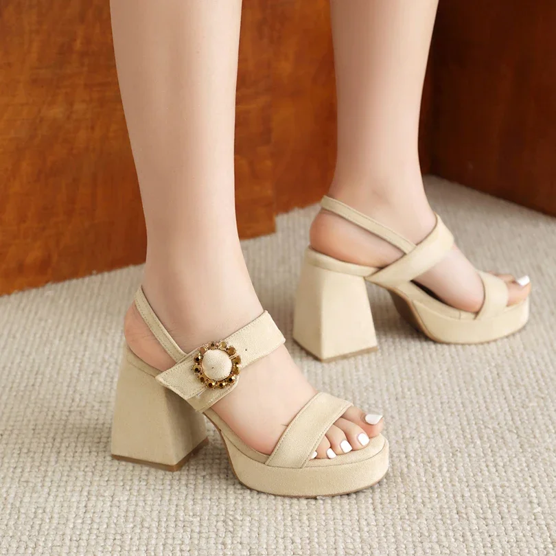 Plus Size Cowhide Suede Upper Large Circular Belt Buckle Ultra-High Thick Heel Peep Toe Sandals Back Strap Platform Sandals