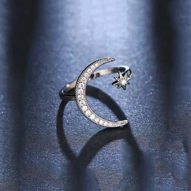 

Christmas Minimalist Fashion Silver Star Moon Opening Size Rings For Women Shine Rhinestone Flower Wedding Bands Party Jewelry