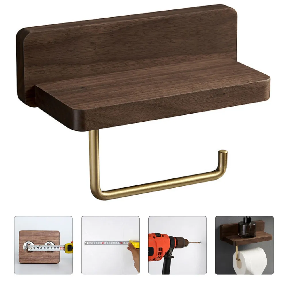 1Pcs Solid Wood Tissue Holder Black Walnut Brass Dual Function Roll Paper Holder Phone Rack Bathroom Wall Mounted Paper