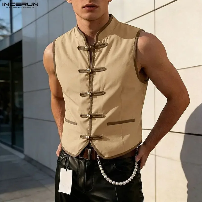 INCERUN Men's Vests Patchwork Color-block Sleeveless Wasitcoats For Man Streetwear Button 2026 Fashion Casual Male Vests S-5XL