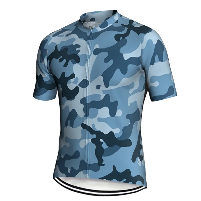 

Outdoor Short Sleeve Road Cycling Jersey Bicycle Jacket Blue Camouflage Shirt Clothes Bike Anti-Slip Downhill Pocket Top Team